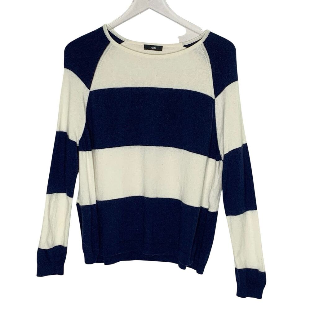 Ruti Striped Lightweight Sweater S Womens Long Sleeve Navy Ivory Wool Blend